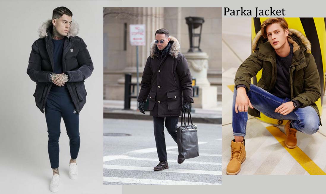 An image of three men wearing Parka Jackets in various colors and styling as formal, casual and sporty look